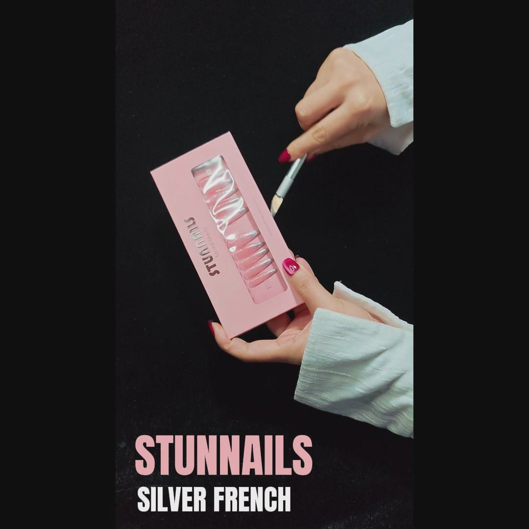stunnails acrylic press on nails Stiletto Silver french