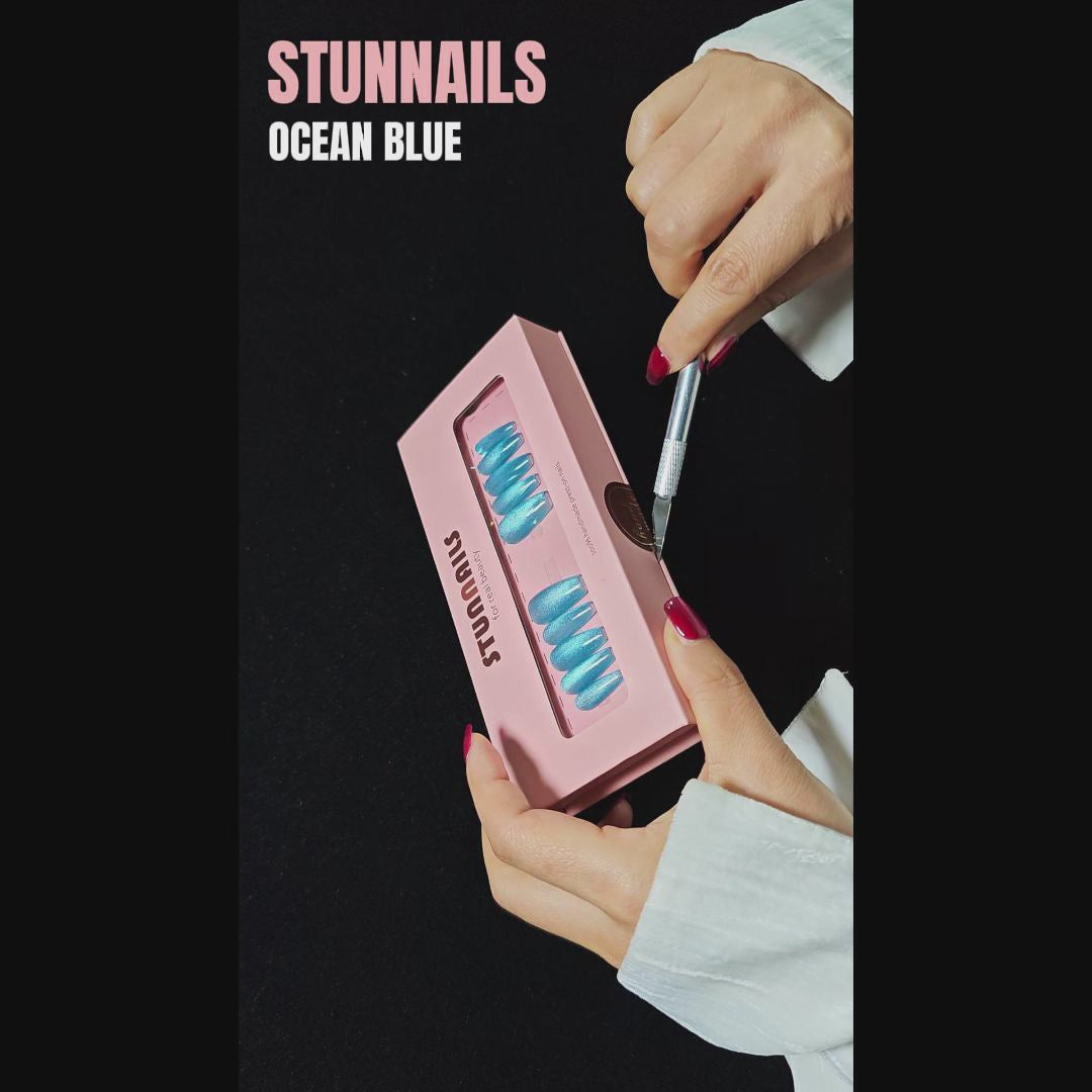 stunnails acrylic press on nails Coffin Ocean blue