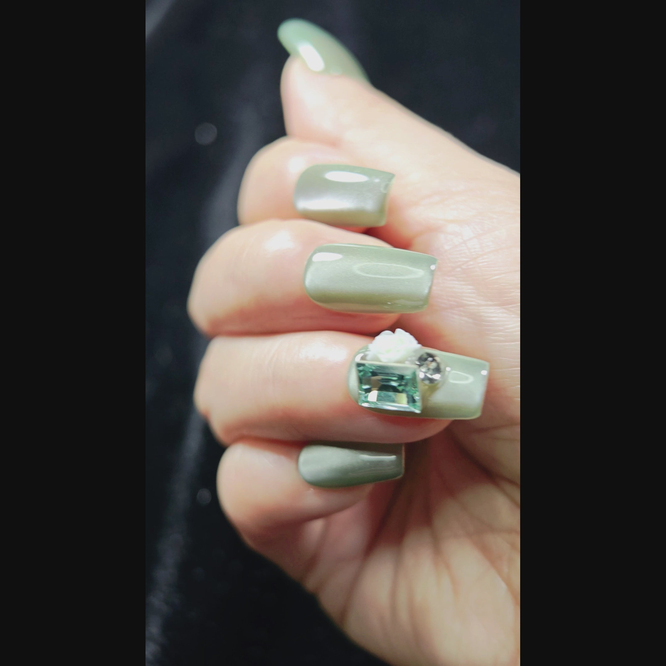 stunnails acrylic press on nails Square Coffin Green mirror video
