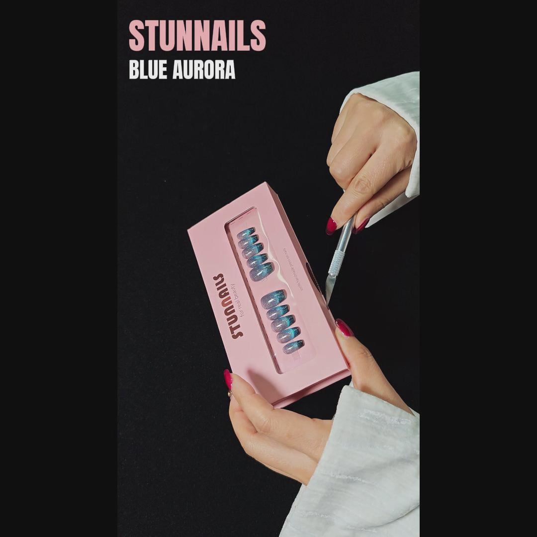 stunnails acrylic press on nails Coffin Blue aurora