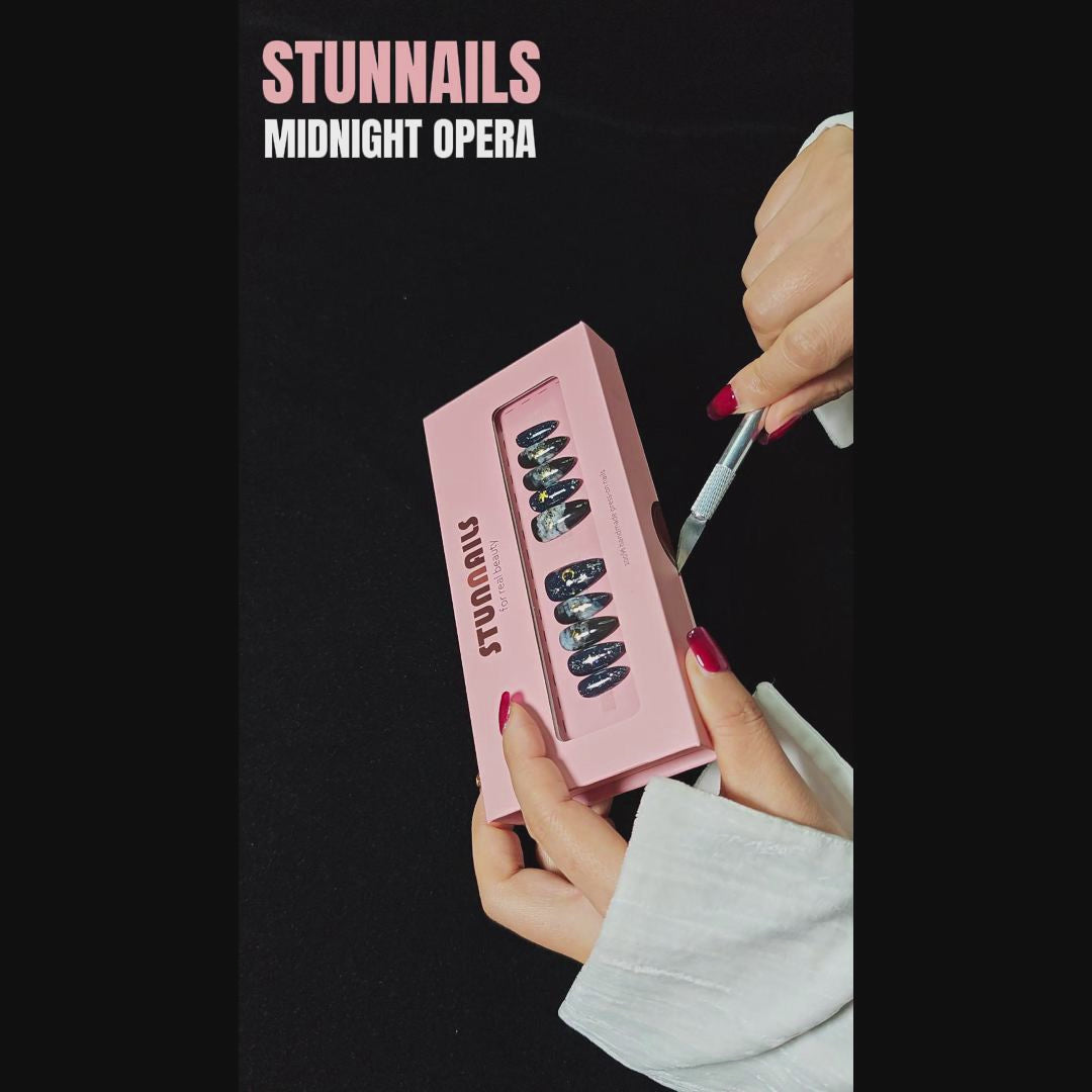 stunnails acrylic press on nails Almond Midnight opera