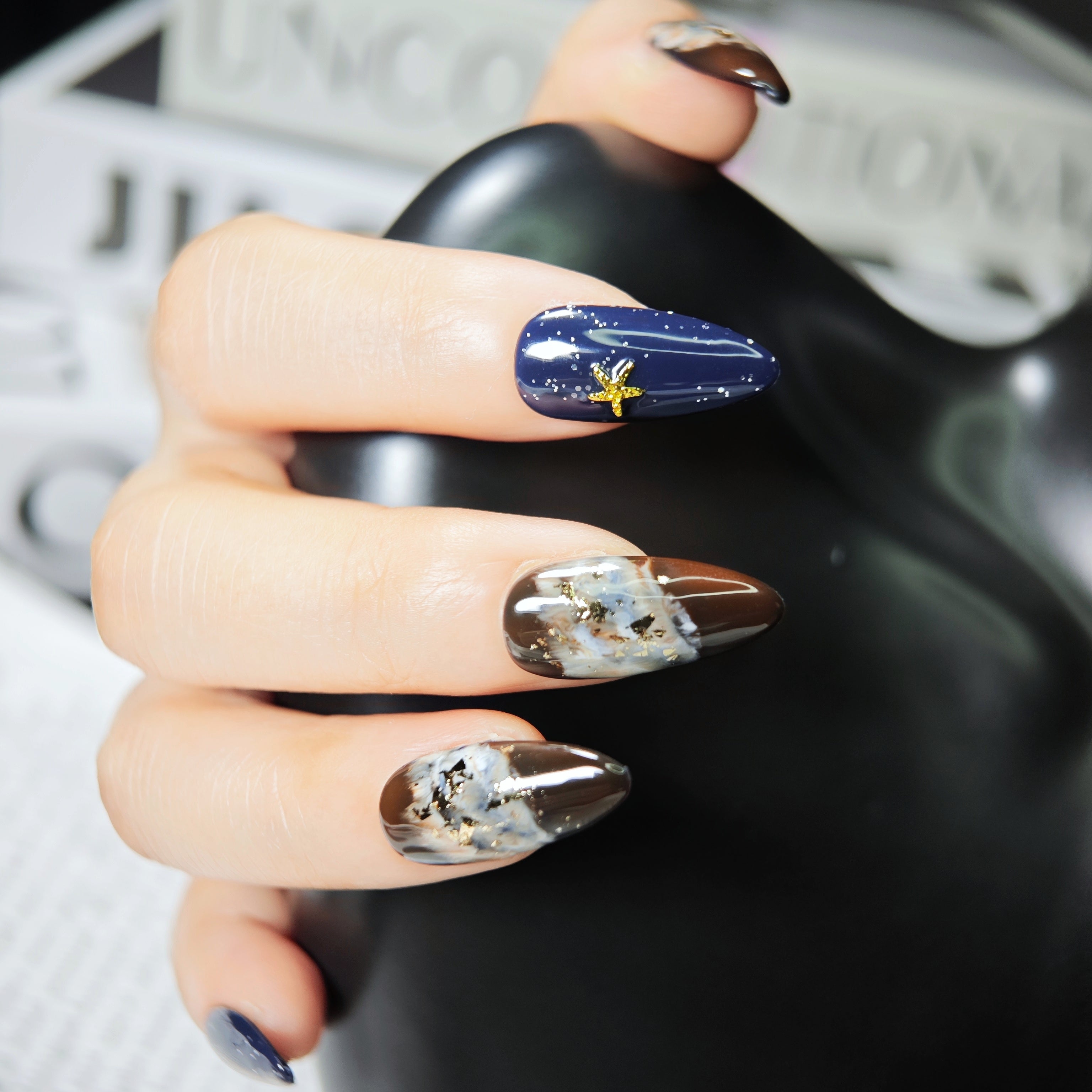 stunnails acrylic press on nails Almond Midnight opera
