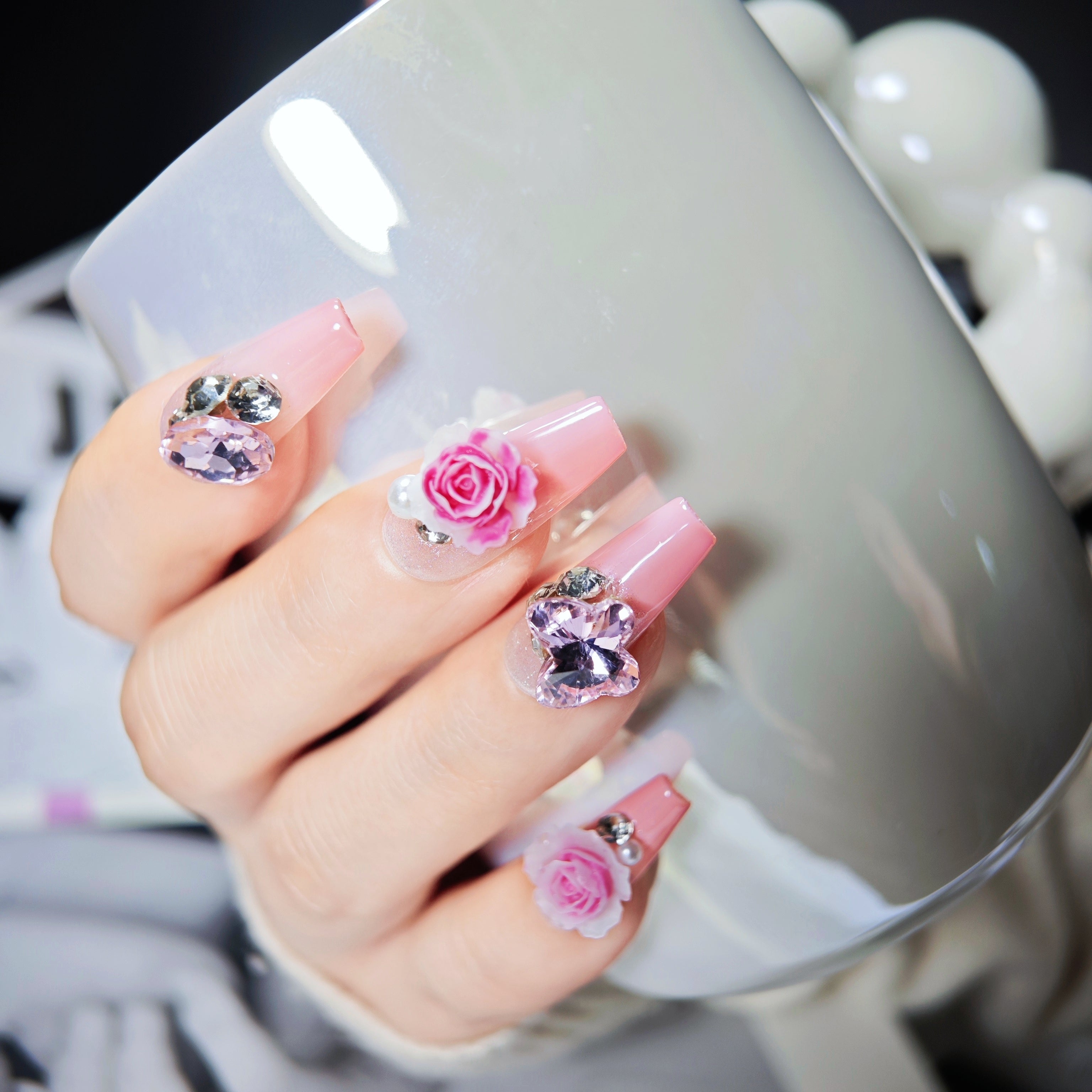 stunnails acrylic press on nails Coffin Rose blossom