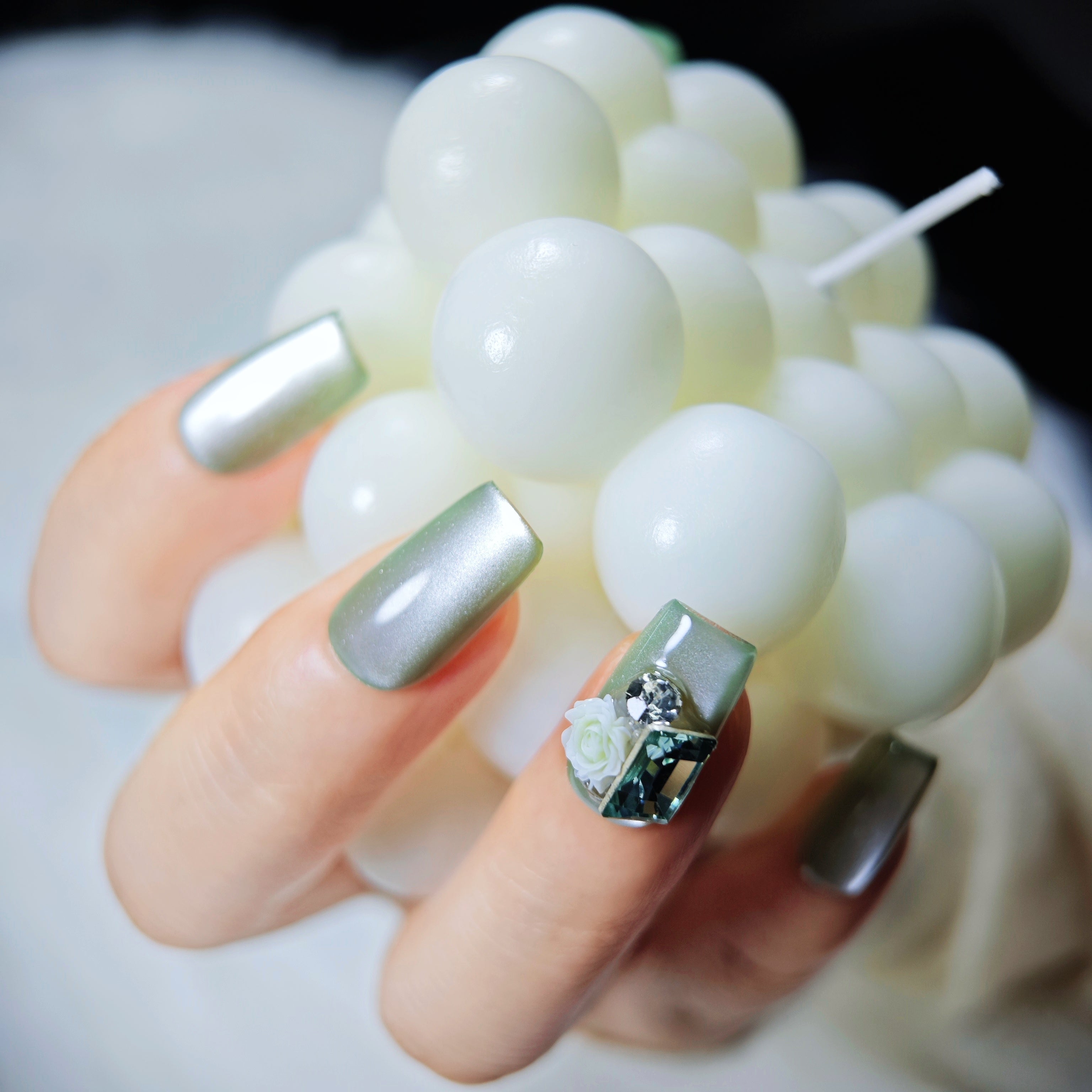 stunnails acrylic press on nails Square Coffin Green mirror