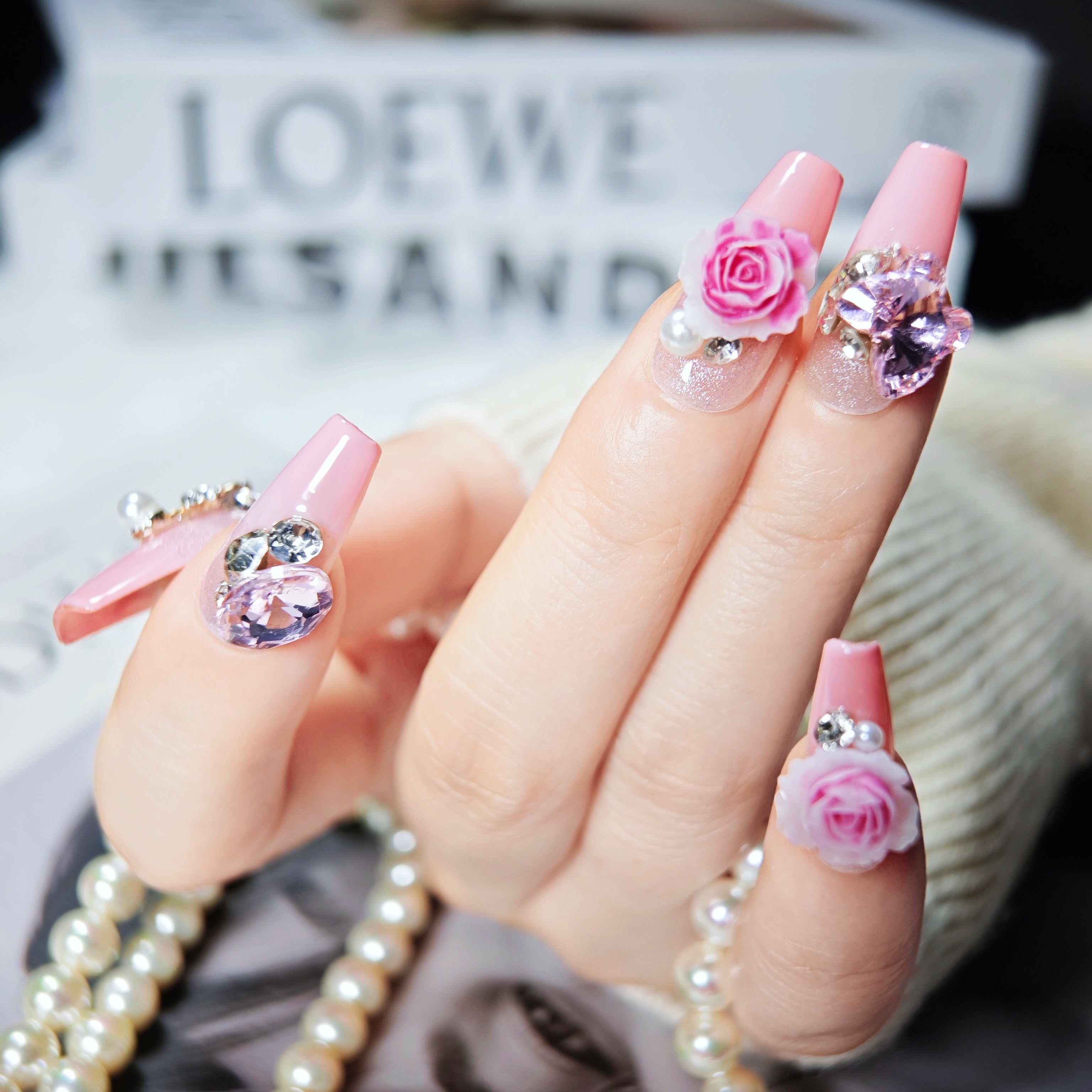 stunnails  acrylic press on nails Coffin Rose blossom
